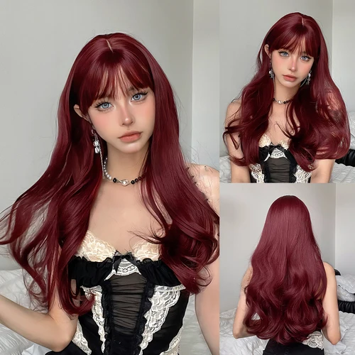 Peluca sintética rizada larga de color rojo burdeos vino con flequillo para mujer, Cosplay de fiesta diaria, peluca de color rojo oscuro de Lolita, resistente al calor