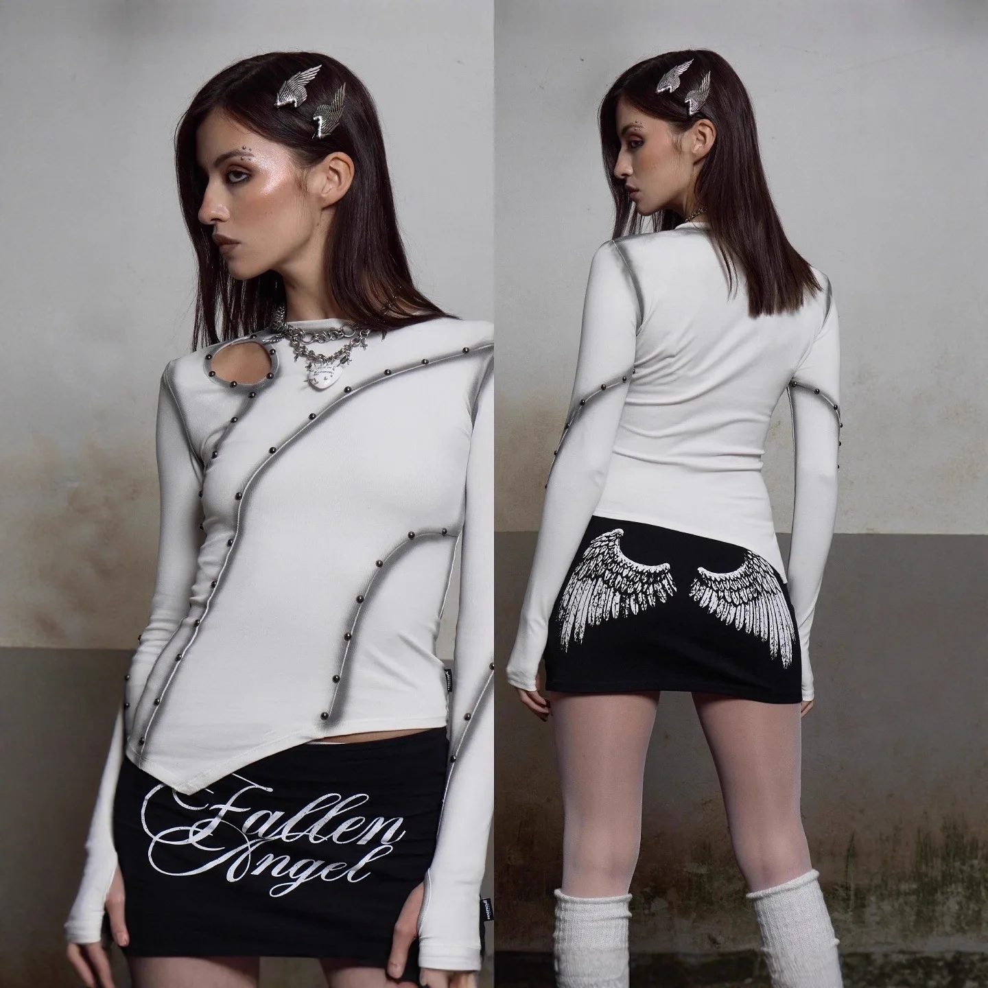 Y2k Women's Casual Punk Skirt Black Embellished & Wing Print Low Rise Slim Fit Bodycon Mini Skirt 2026 Women's Clothing Skirts
