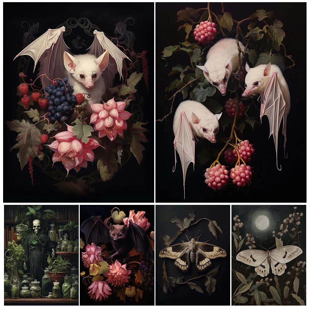 Albino Fruit Bat And Moon Moth Dark Gothic Academia Wall Art Canvas Painting Greenhouse Dark Apothecary Art Poster Print Decor