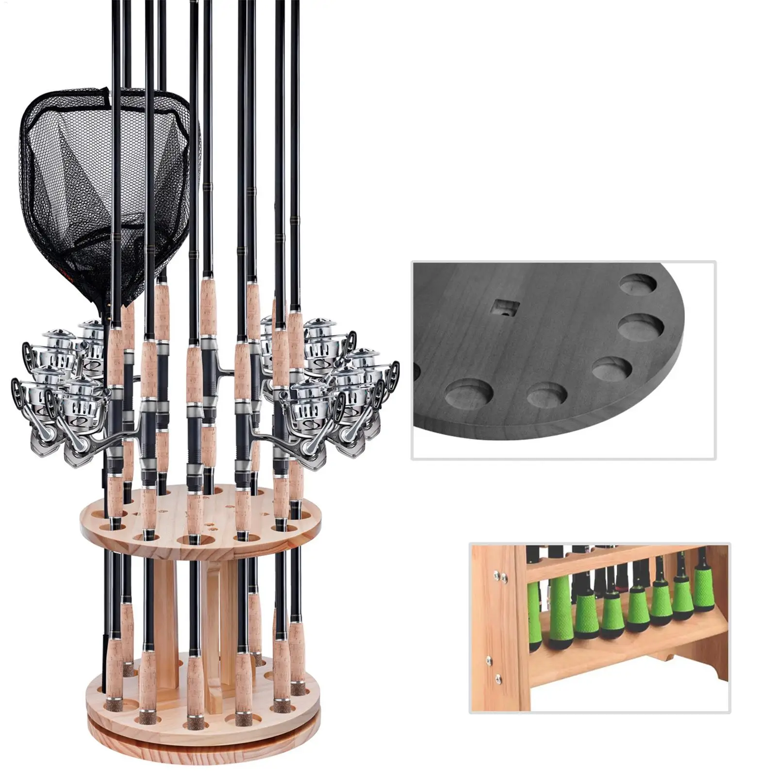 

Fishing Rod Rack 360 Degree Rotating Wood Pole Holder Fishing Gear Equipment Storage Organizer for Men Women Shed Boat Truck
