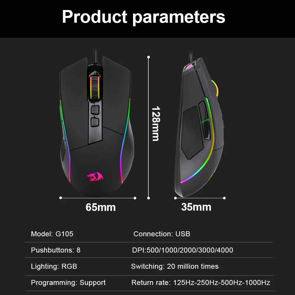 REDRAGON-ratón Gaming Lonewolf G105 RGB, con cable USB, 8000 DPI, 8 botones, ergonómico, programable, para ordenador portátil y PC