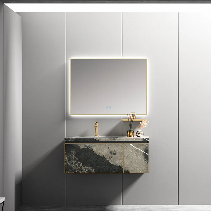 Light luxury rock slab integrated basin countertop bathroom cabinet intelligent LED mirror bathroom washbasin