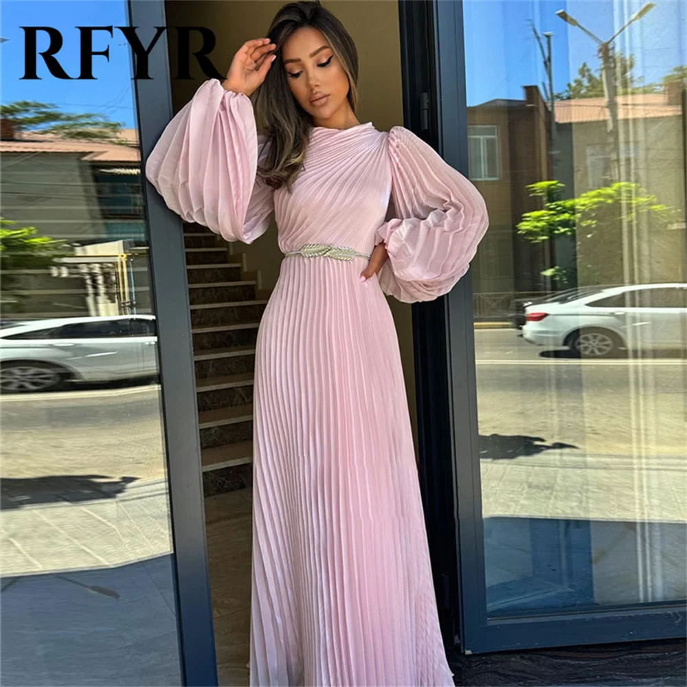 

RFYR Pink A-line Prom Dresses With Long Sleeves Saudi Arabia Women Customized Evening Party Gown Vintage Pleat Robes De Soirée