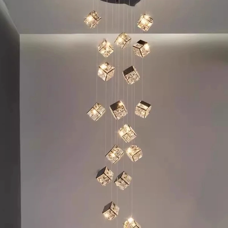 

Stair chandelier long chandelier Rubik's cube creative personality light luxury crystal duplex villa loft apartment living room
