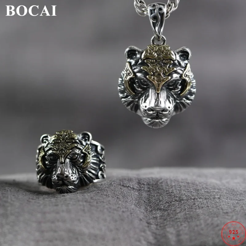 BOCAI S925 Sterling Silver Charms Rings for Men Retro Emboss Zodiac Tiger Heads Pendants New Fashion Punk Jewelry Wholesale