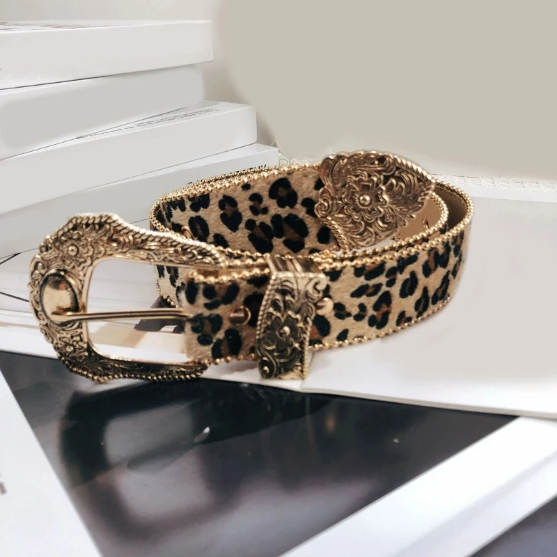 

Fashion Leopard Print Belt Girl Metal Buckle Belt 2000s Waistband Ethnic Waistbelt Bead Trim Belt Aesthetic Buckle Belt