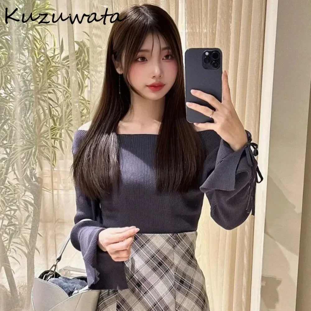 Kuzuwata Minority O Neck Flare Sleeve Simple Pullovers Sweet Vent Solid All-match Lace Up Knitted Japan Exquisite Women Clothing