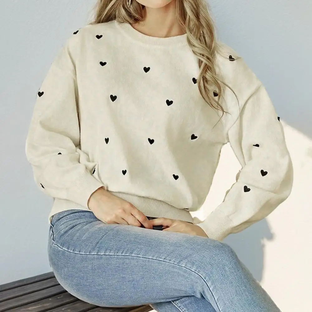 

Women Knitting Sweater Heart Pattern Knitwear Women's Round Neck Sweater with Long Sleeve Loose Fit H-shaped Pullover Tops