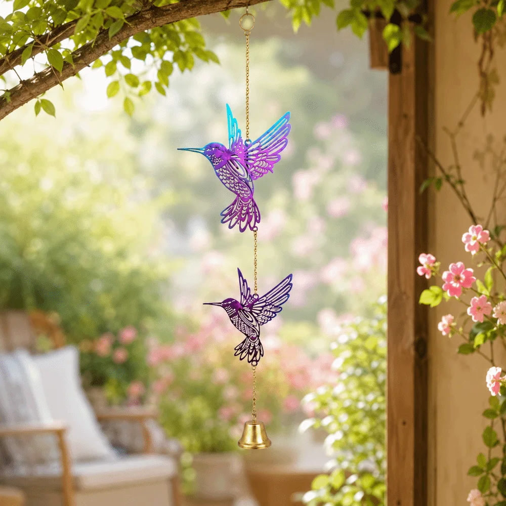 Hanging Pendant Hanging Wind Chime Hollow Out DIY Sun Catcher Hummingbird Wind Chimes 2D Flat Garden Decor Metal Bird Bell Decor