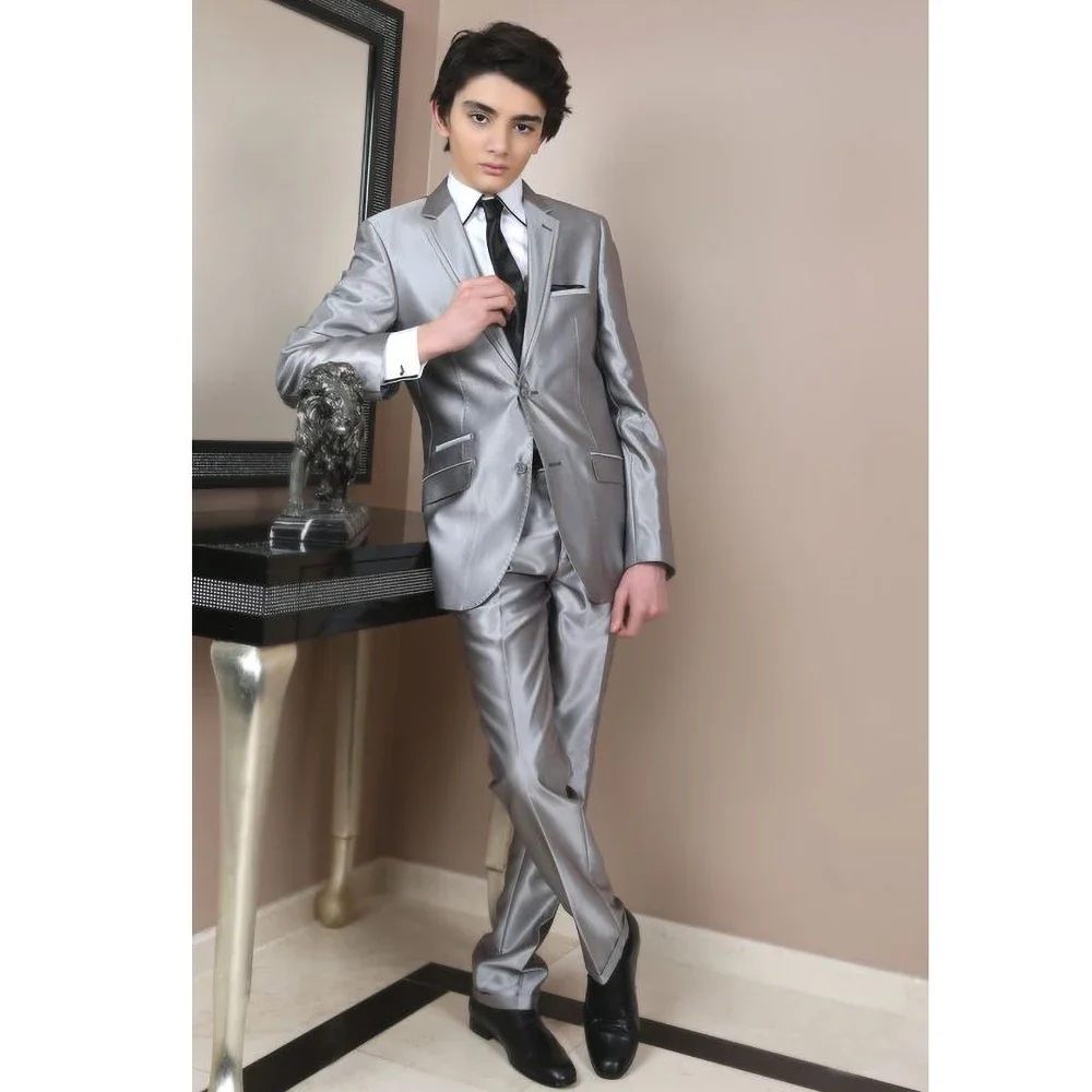 Silver Suit for Boy Fashion 2 Piece Satin Notch Lapel Chic Blazer with Pants Party Formal Wedding Tuxedo Slim Kids Clothes Boys