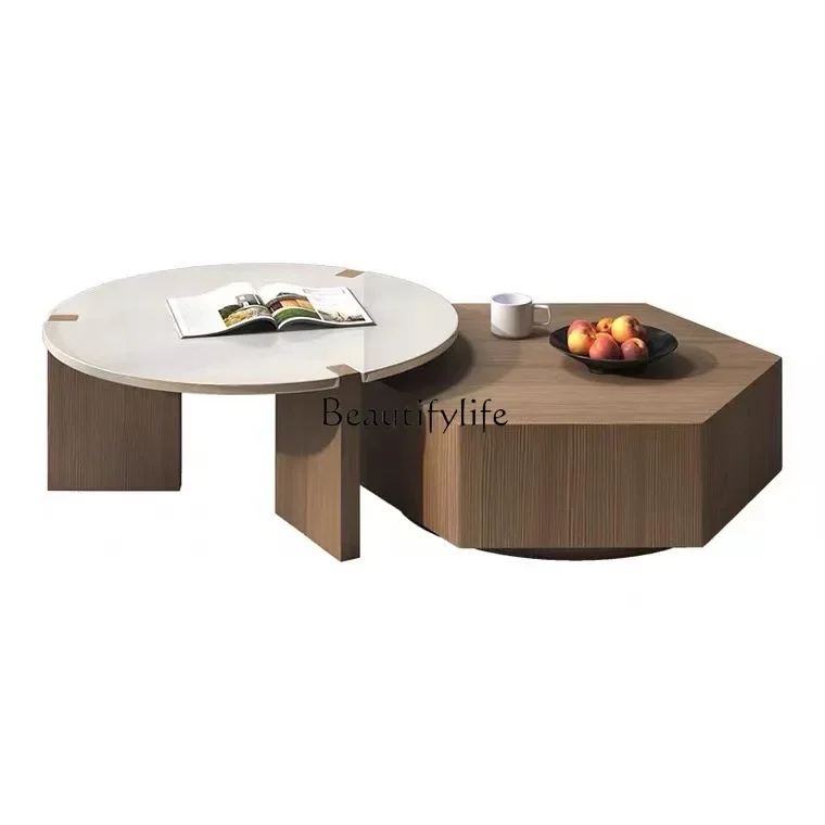 

Modern light luxury coffee table combination round Italian minimalist imported smoked wood leather coffee table