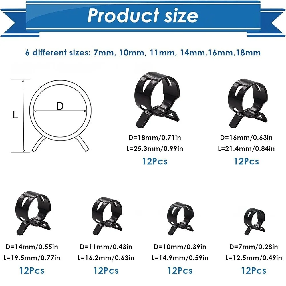 72Pcs 1Set 7/10/11/14/16/18Mm Q673B Vacuum Spring Fuel Clip Oil Water Hose Pipe Tube Clamp Black Assortment Kit