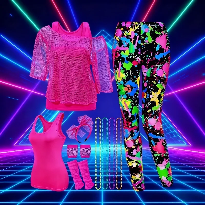 

12pcs Party Photo Booth Props 80s Cosplay Makeup Ball Women's Iconic Fishing Net Top and Leggings Set 80s Party Costume Set