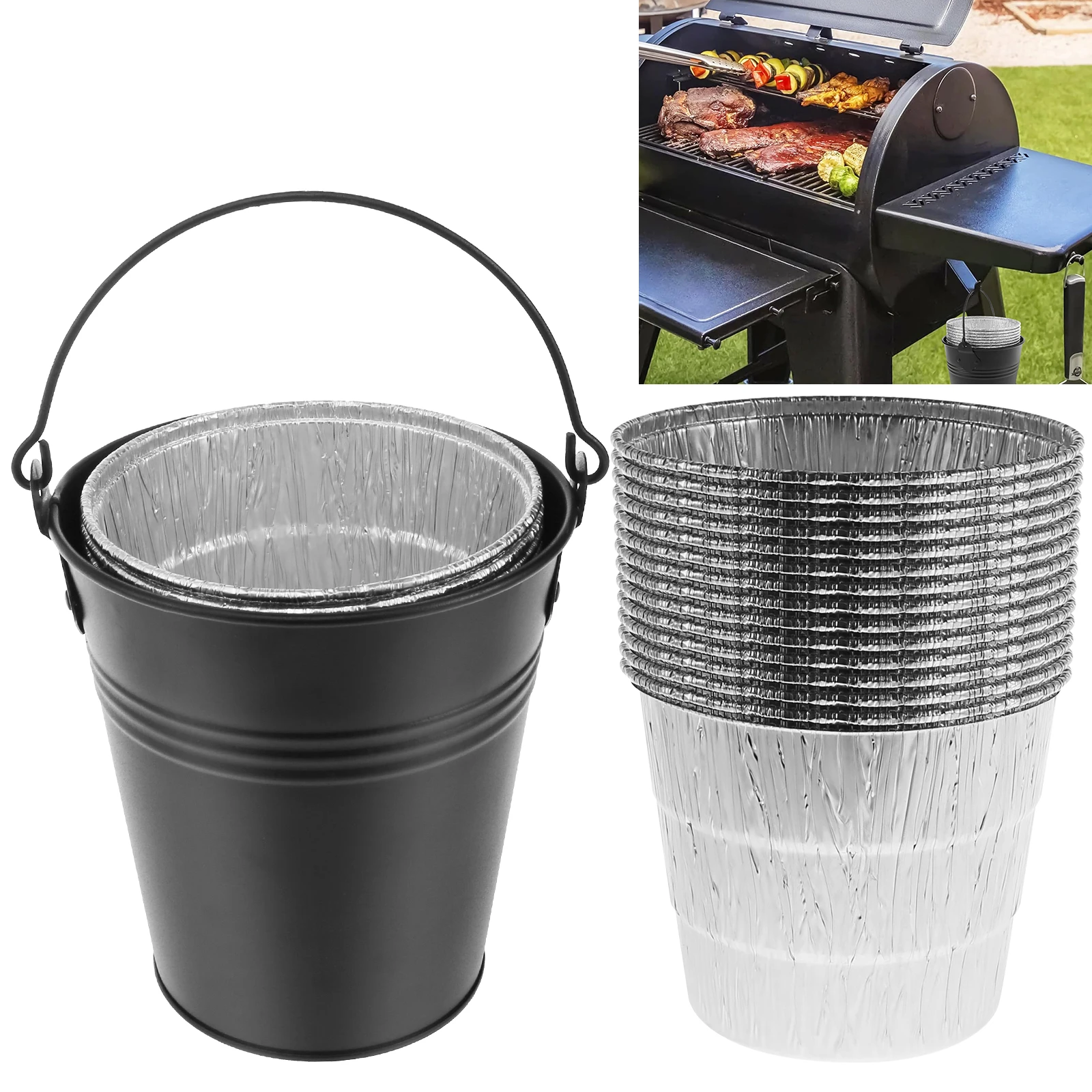 Grease Bucket Set with 15 Tin Liners Outdoor Barbecue Cooking Disposable Rust-Proof Iron Alloy Grease Can Tin Liners Replacment