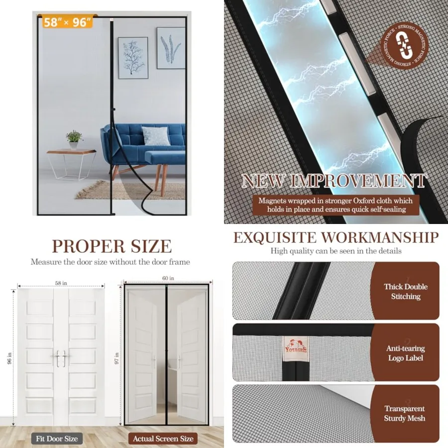 

Magnetic Screen Door Fits Door Size 58 x 96, Screen Size 60 x 97 Strengthened Fiberglass Net Curtain for Patio Sliding French D