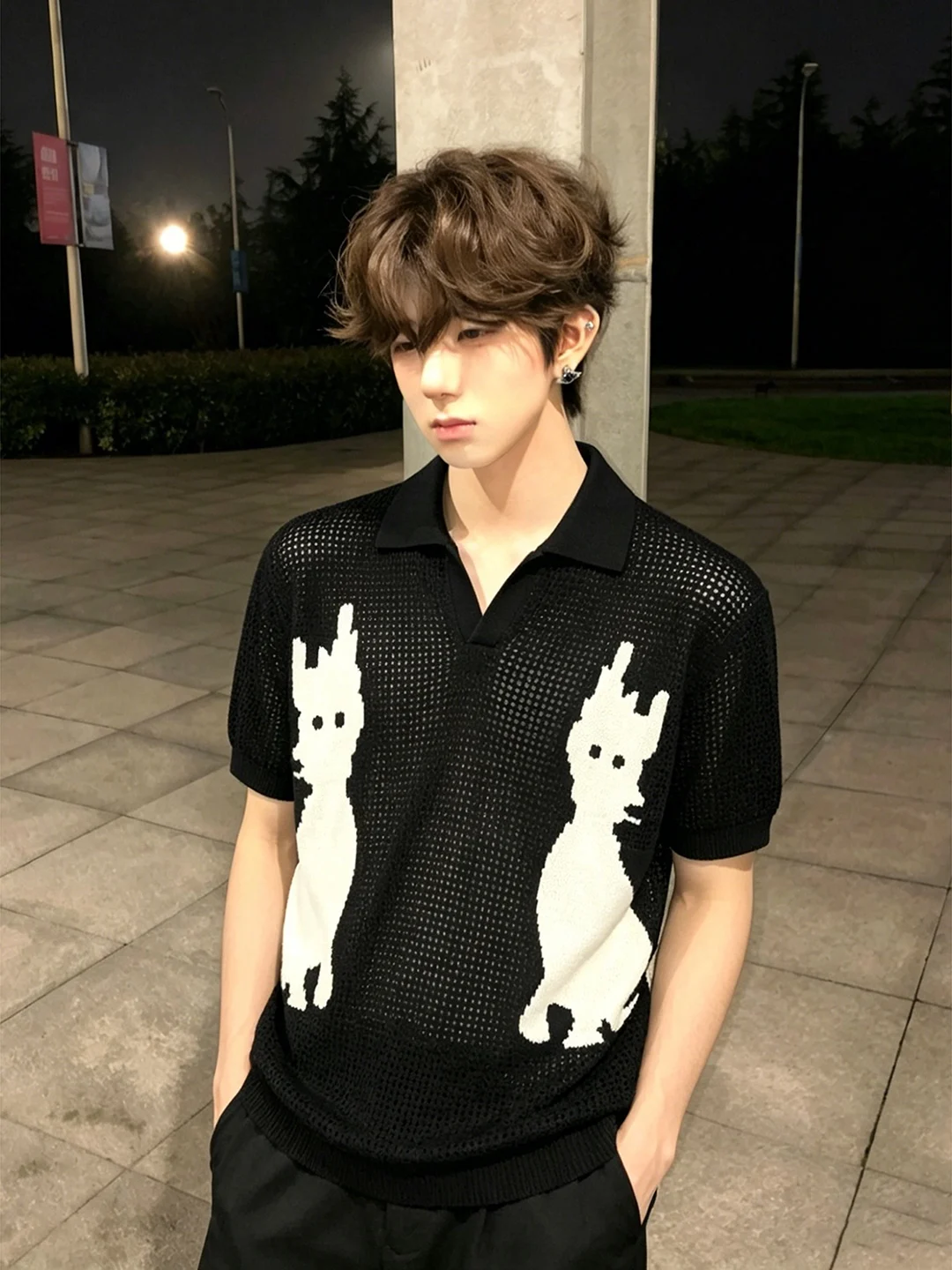 

Men's Summer Short Sleeve V-Neck Shirt Knitted Hollow out Design Casual Style Breathable Comfortable Lightweight T-Shirt