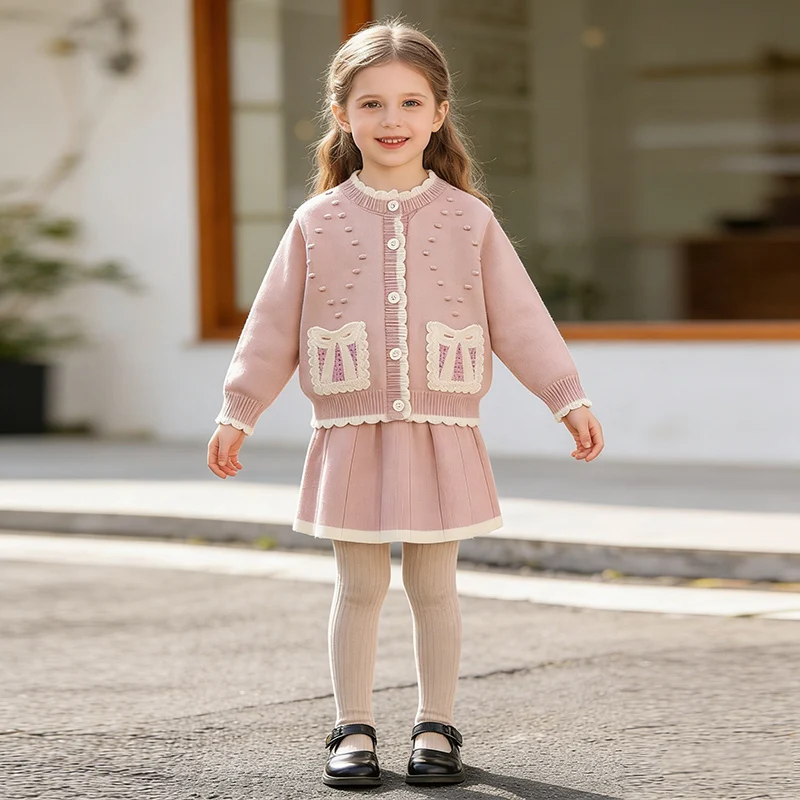2026 New Spring 2-6Yrs Baby Girls Clothing Set Long Sleeved Knitted Cardigan Coat+Short Skirt Children Knitted Clothes Suit