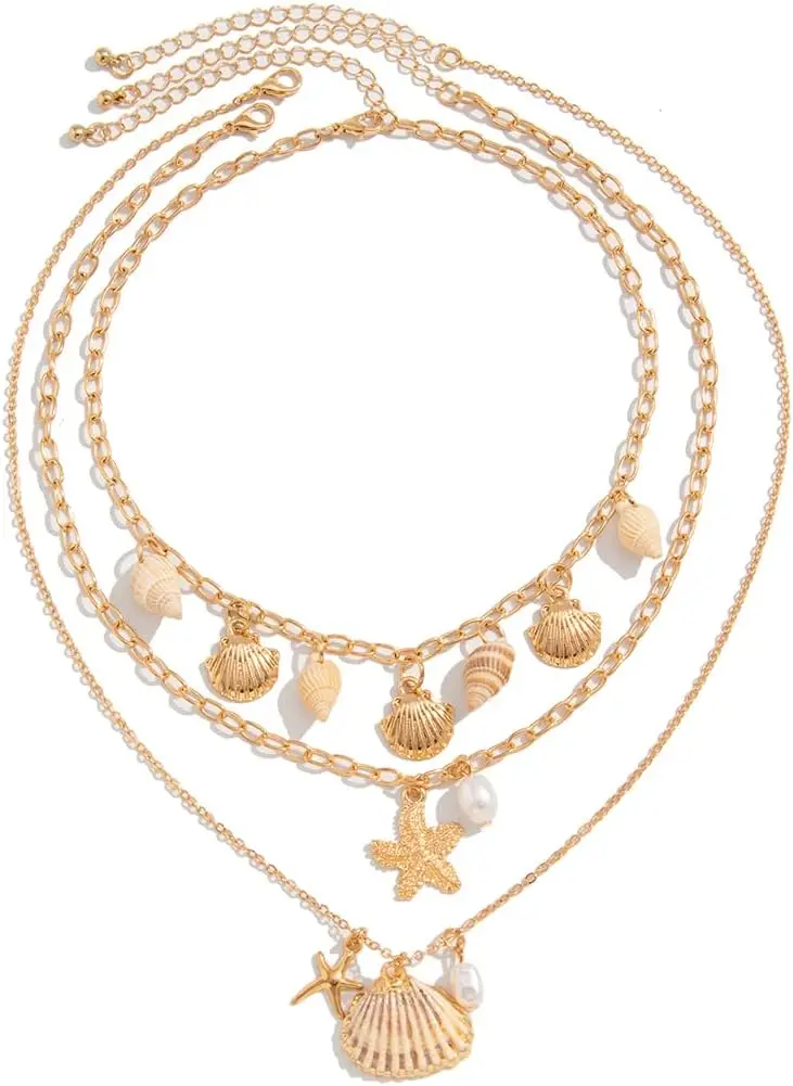 

Shell Necklace for Women Ocean Layered Summer Beach Jewelry Gold Plated Stackable Chain Boho Starfish & Pearl Gift