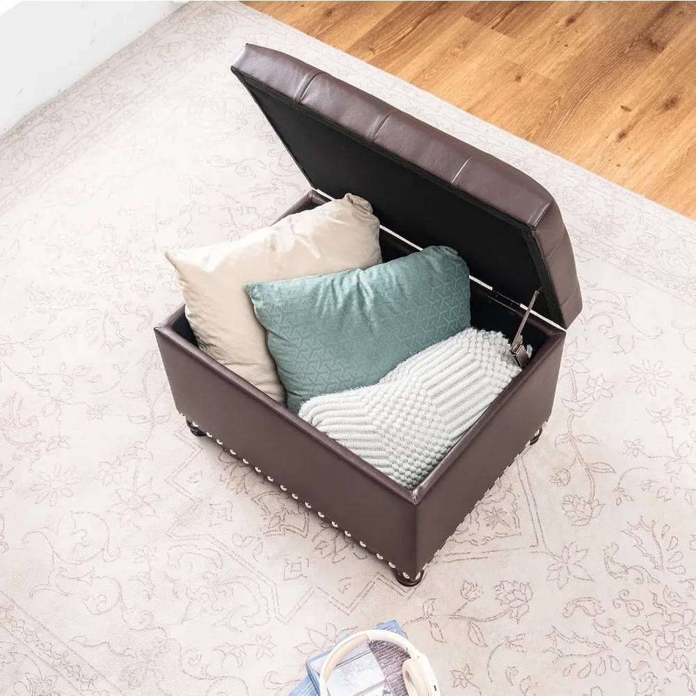 Faux Leather Storage Ottoman Bench Rectangle 24 Inch Foot Rest Ottoman Brown