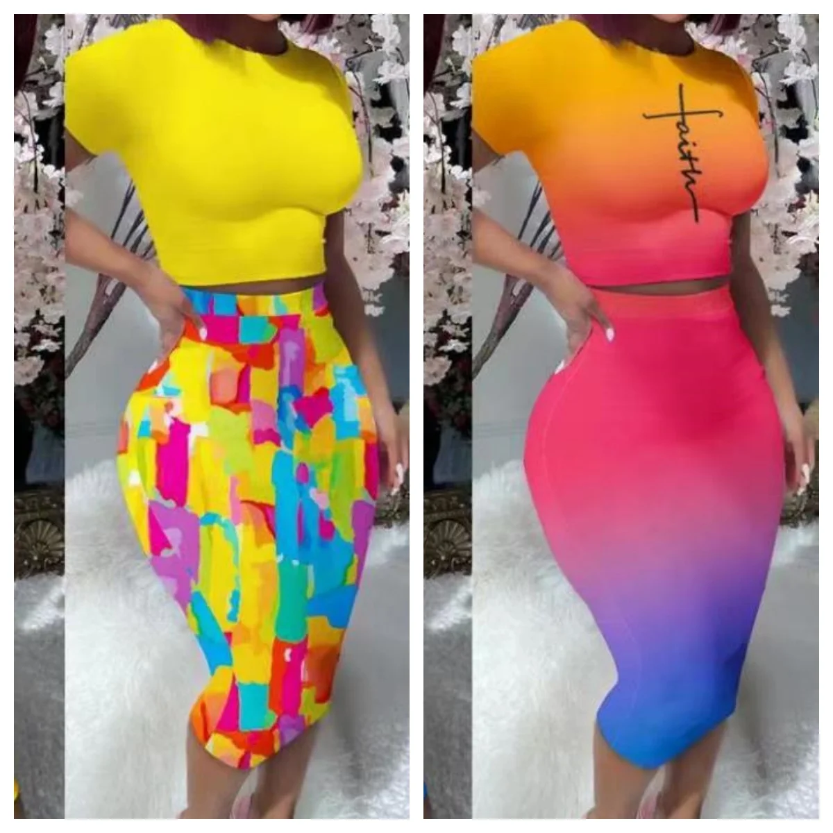 

Женские комплекты из двух предметов, элегантный сексуальный наряд, топ с короткими рукавами и юбка с высокой талией, новый модный летний повседневный женский костюм