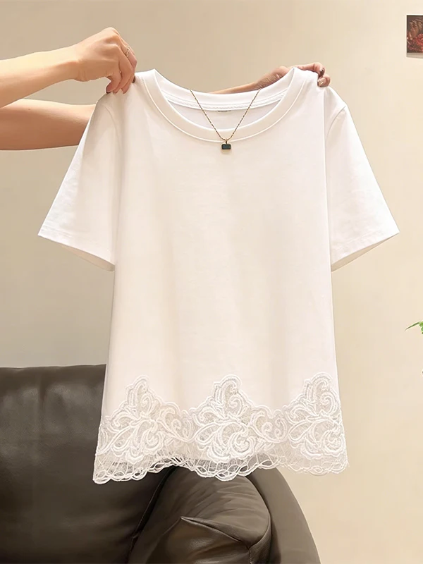 

Casual Lace Splice Hem round Neck T-Shirt Women's plus Size Spring Summer New Style Breathable Skin-friendly Korean Style Top