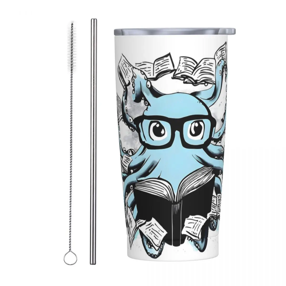 Octopus And Reading Knowledge With Japanese Ink Stainless Steel Tumbler Vacuum Insulated Mug Thermal Cold Cup Straw With Lid