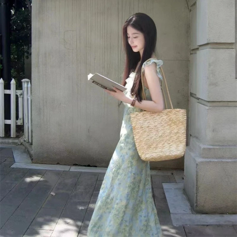 الربيع الصيف قصيرة الأكمام على شكل حرف U طوق الأزهار الصالحة للأكل شجرة الفطريات الملابس النسائية الخصر تراجع النمط الفرنسي الحلو Dresse