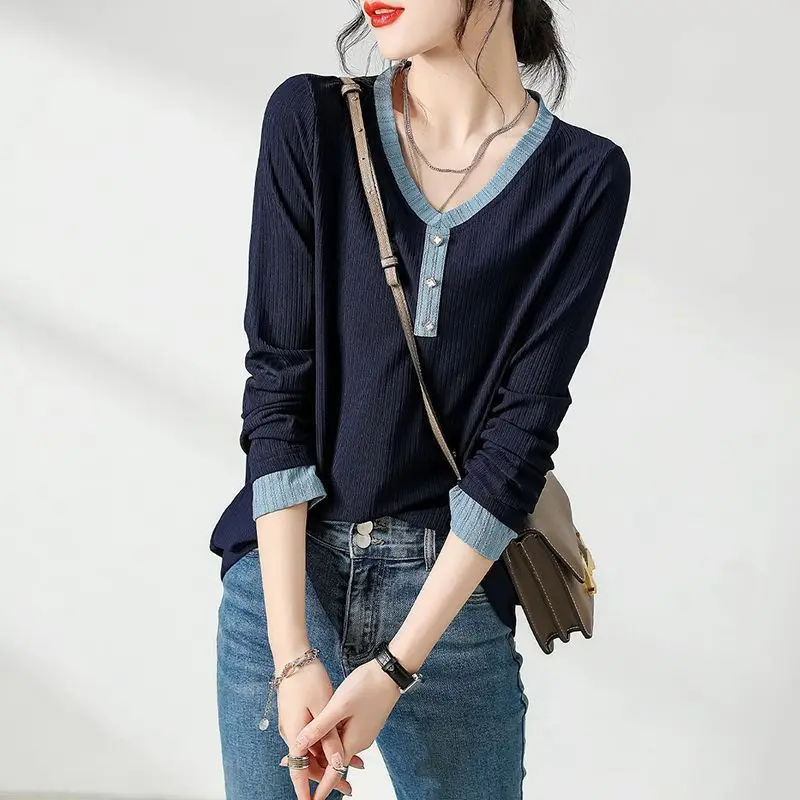 Fashion Oversize Women's Clothing Spring and Summer New Simplicity Commuting V-neck Long Sleeve Screw Thread Versatile T-shirt