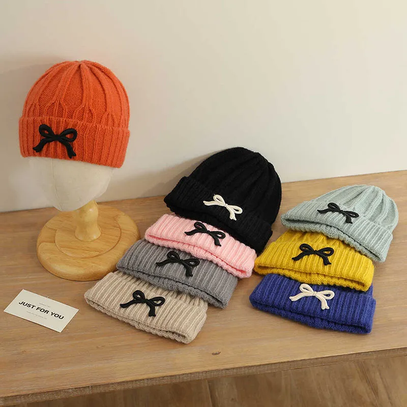 

Детская шапка с бантом для девочек, зимняя теплая вязаная шапка для детей 1-5 лет, детские тюбетейки, однотонная шерстяная вязаная крючком шапка, модная детская пуловерная шапка