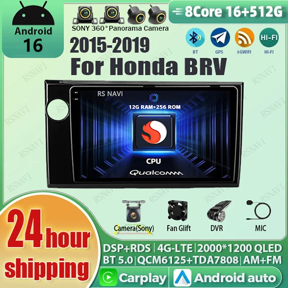 

Android 16 Carplay Auto Qualcomm 2K QLED Screen Car Radio Player For Honda BRV 2015 - 2019 GPS Wifi 4G BT navigation Stereo DSP