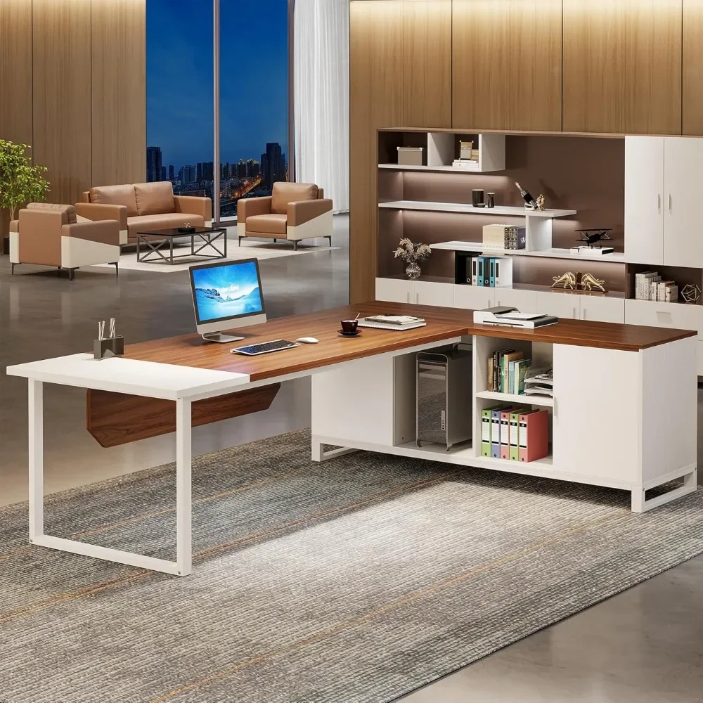 70,8" directiebureau met 55" archiefkast, groot L-vormig computerbureau met opbergruimte en planken, modern L-vormig bureau