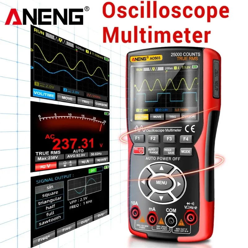

ANENG AOS03 Handheld Dual Channel Oscilloscope Multimeter 3-in-1 Waveform Detection 25000 Counts VA Reverse Color Display Tester