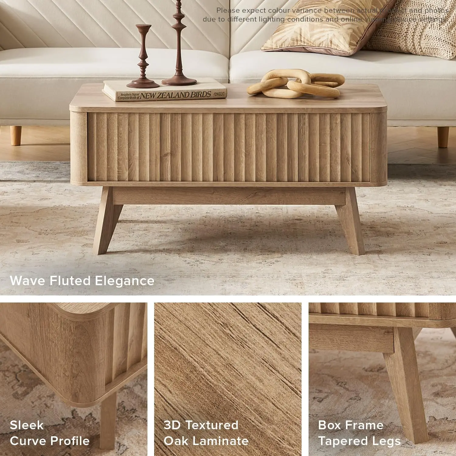 Brooklyn Lift Top Coffee Table, Modern Farmhouse Center Table with Hidden Storage, Oak Fluted Panel, Pull Up