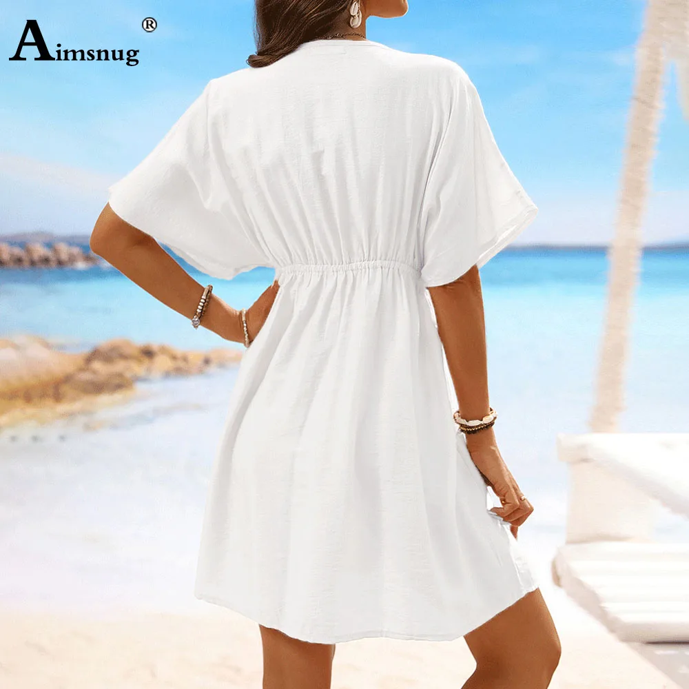 2024 New Summer Ice Silk White Elegant Deep V-neck Dress Women Patchwork Lace Beach Dresses Ladies Vintage Short Mini Dress