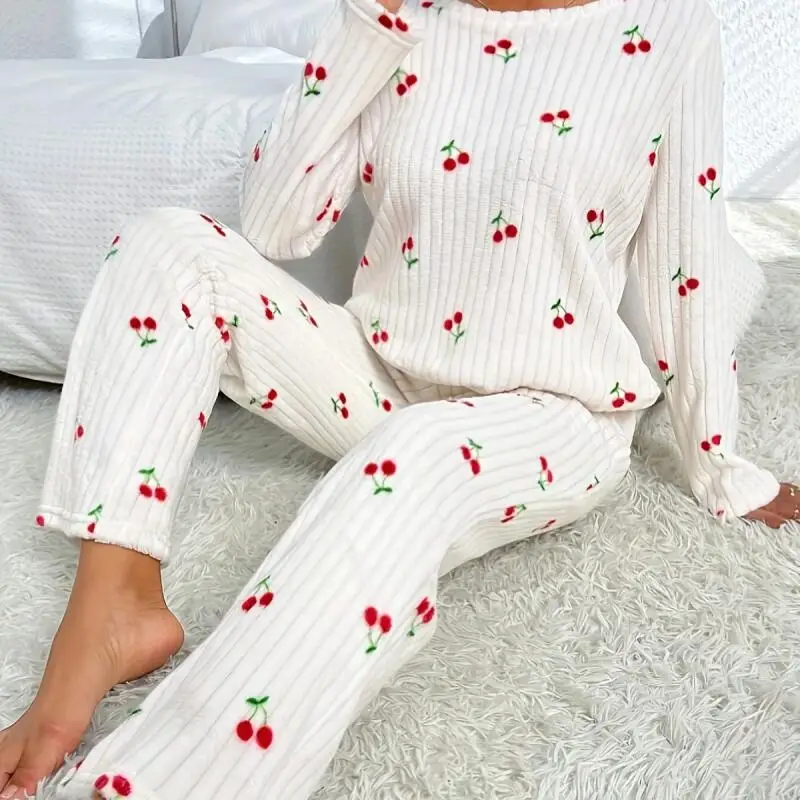 Women Coral Fleece Sleepwear Pajamas Set 2Pcs Print Cherry Nightwear Round Collar Home Clothes Long Sleeve Outdoors Home Wear