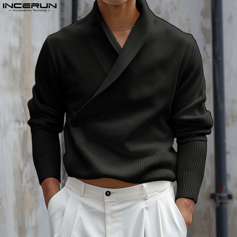 INCERUN Men Causal Solid Color Shirts 2024 Deconstruction Well Fitting Male Tops Stand Collar Long Sleeve Button Knitted Blouses