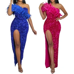 Womens High Slit Dresses For formal occasions Criss-Cross Long Dress Feather Sleeves Sequin Elegant Party Evening Dresses HX22