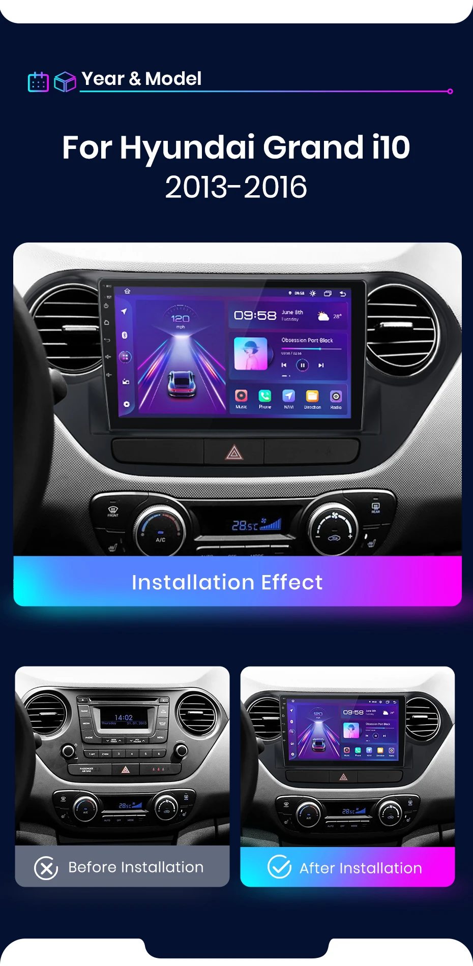 Junsun carplay android auto autoradio für hyundai grand i10 2014 2011-2015 gps intelligente systeme tereo multimedia autoradio – Detail 3