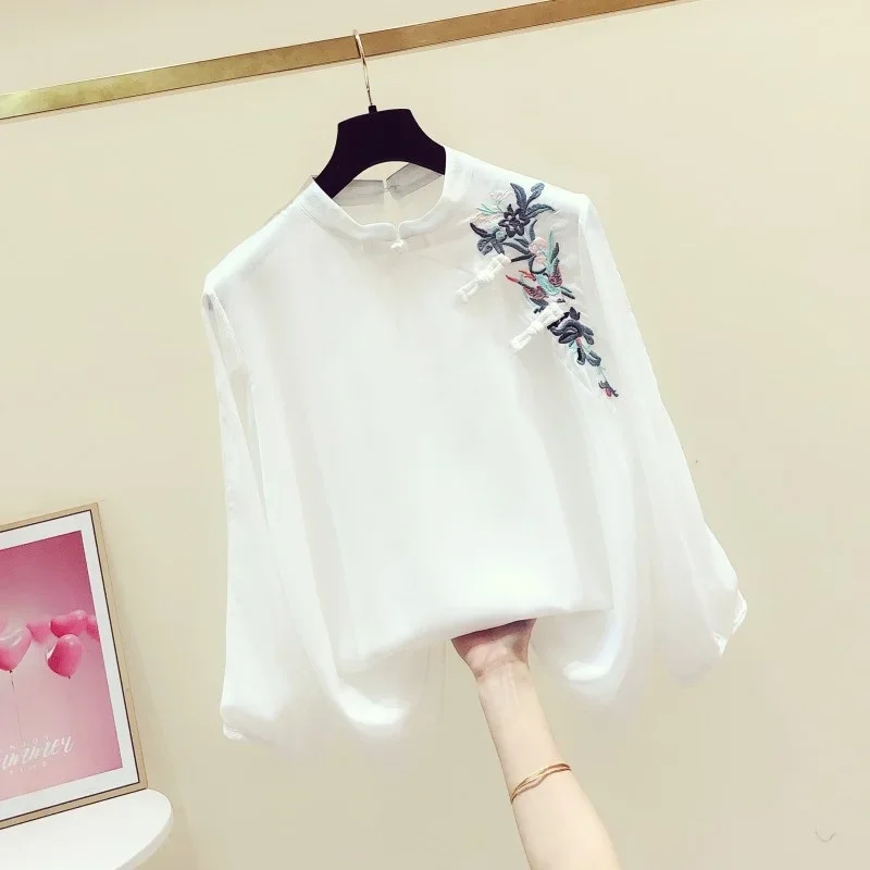 Women elegant Hanfu chiffon qipao tops Korean fashion shirts Chinese style embroidery retro blouse Vietnam long sleeve T-shirt 1