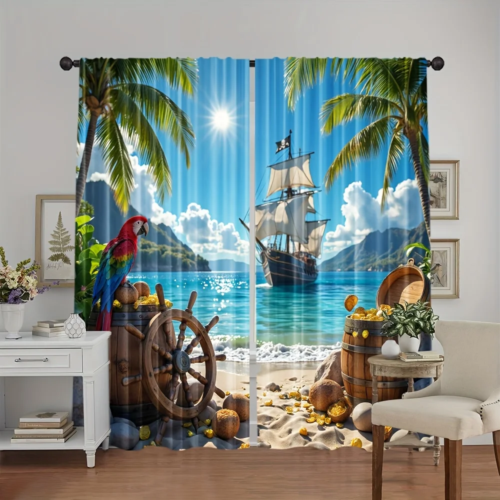 Pirate Ship Curtain, Tropical Beach Blackout Curtains, Treasure Island Kids Room Decor, Adventure Ocean View Drapes, 2 Panels