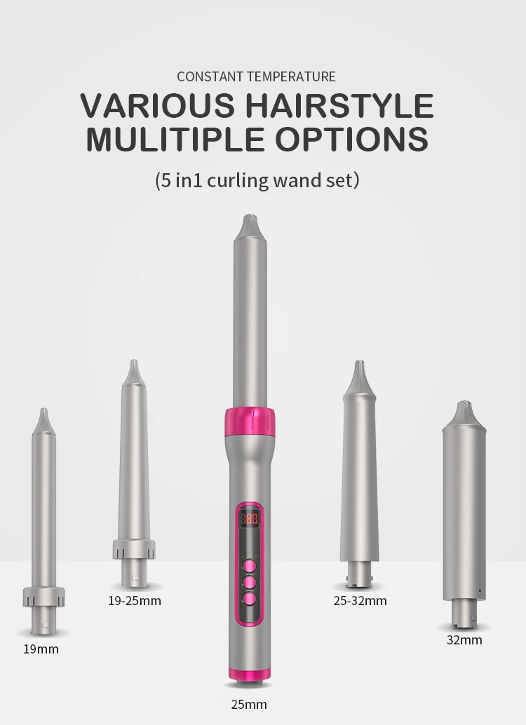 Ready to Ship Factory Price 5 In1 Curling Wand Set PTC Curing Iron With Clips LCD Display Tangle-Free Swivel Cord