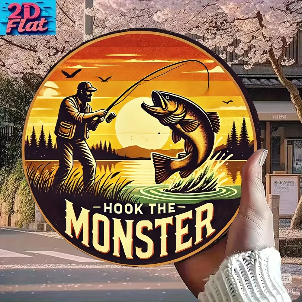 Letrero redondo de aluminio plano 2D, 20,32x20,32 cm, escena de pesca "Hook the Monster" con atardecer vibratorio y flores de cerezo, perfecto para