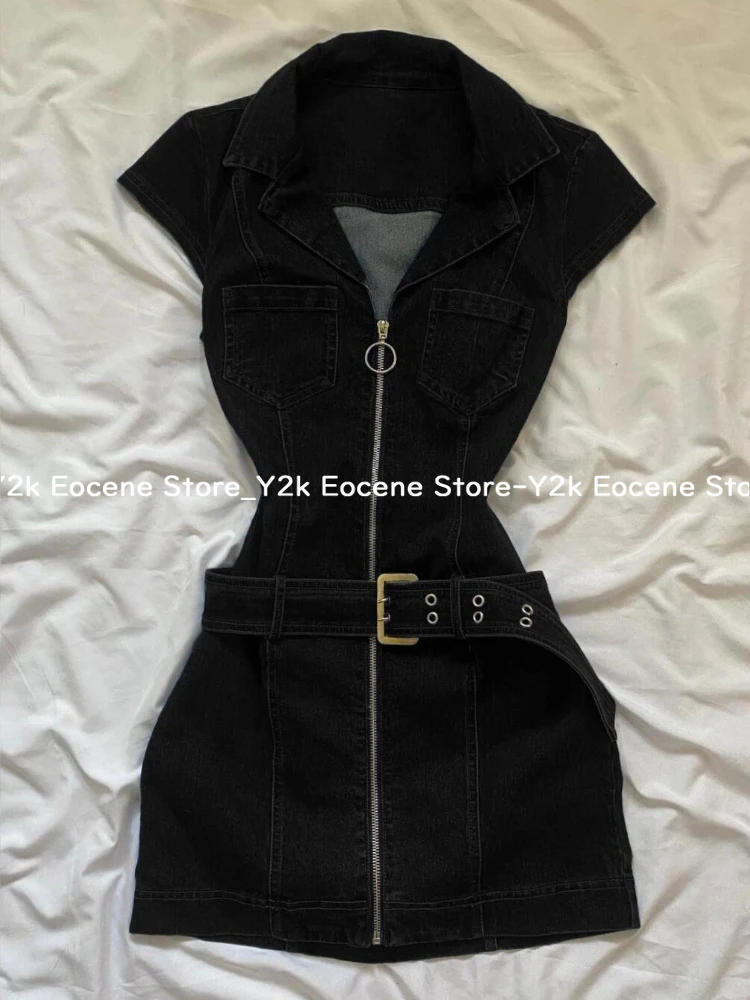 American Retro Black Denim Short Dress Women Summer Zipper Elegant Slim One Piece Dress Korean Fashion Design Casual Clothing - Image 2