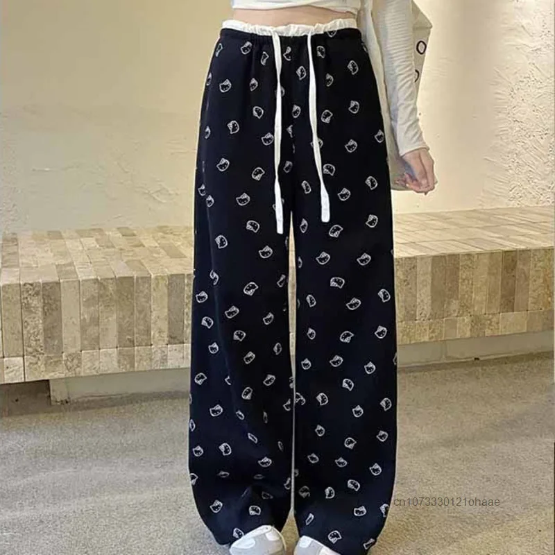 Sanrio Hello Kitty American Grey Printed Wide Leg Pants Women's Autumn Strap High Waist Casual Pants Loose Trend Straight Pants