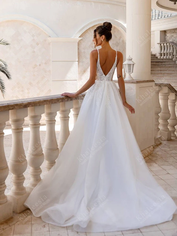 Elegant Wedding Dresses A Line Organza Bridal Gowns Lace Appliques Deep V Neck Sleeveless Charming Vestidos De Novia Customized