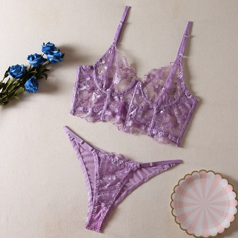 

New Sexy See-through Embroidered Underwire Fishbone Extended Vest Bra Triangle Panties Beautiful Back Lingerie Set