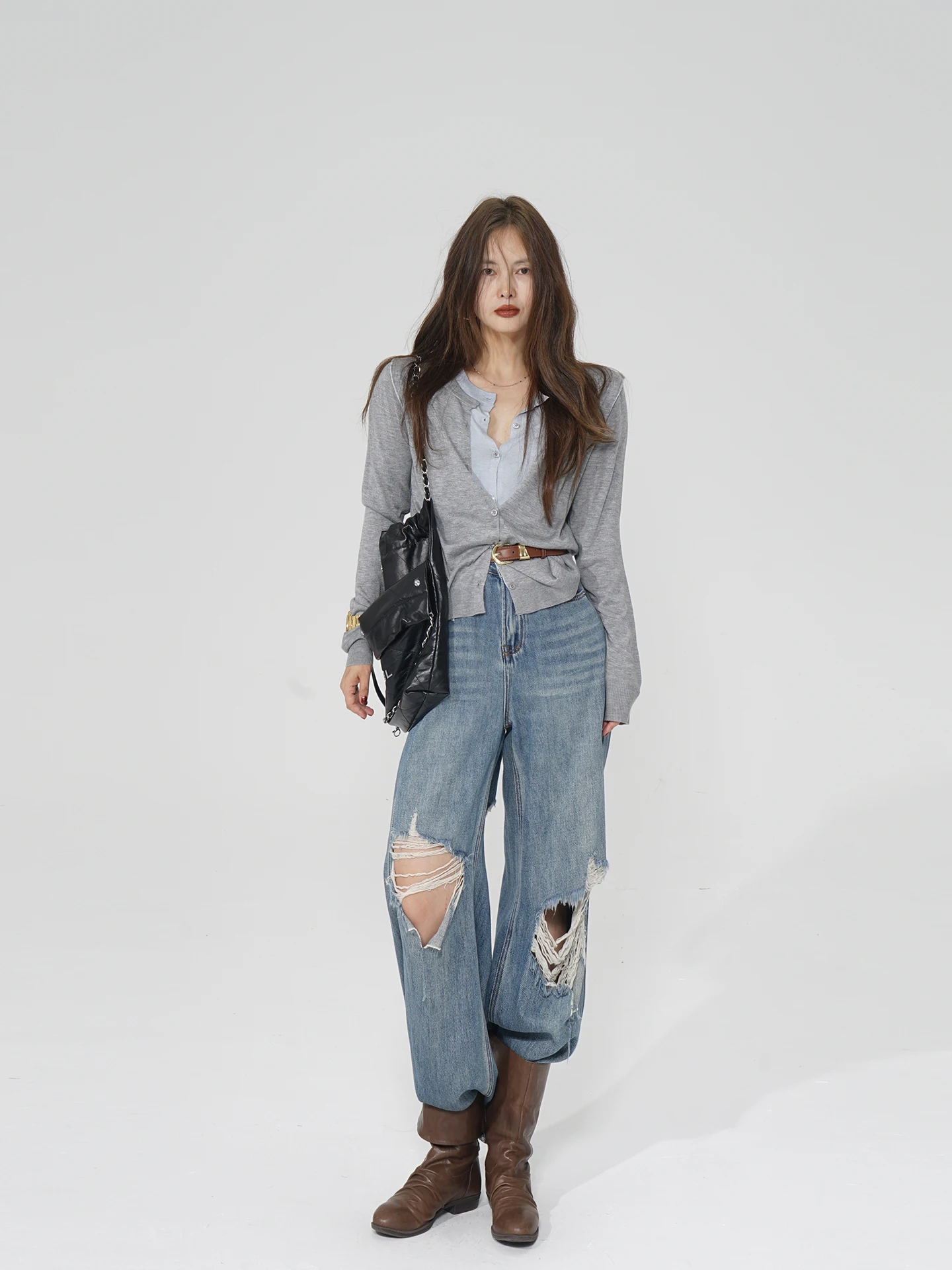 

Повседневный женский вязаный открытый кардиган Akimbo, свободный крой, шелковая смесь, длинный свеч V Ne, искусственный комплект из двух предметов