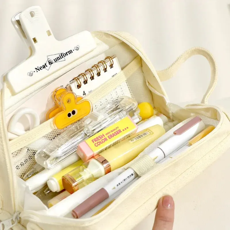 Multifunctional Canvas Pencil Bag with Large Capacity Student Pen Case That Can Stand on Desktop School Supplies