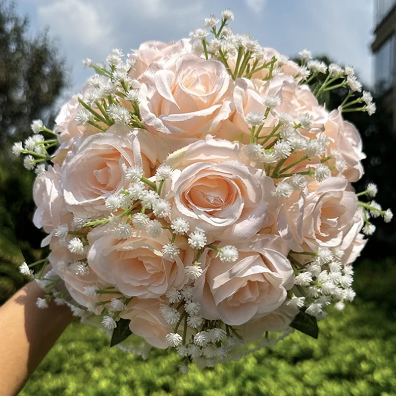 Ramos de boda para novia, ramo de rosas artificiales de seda para novia, ramo de flores de encaje con perlas para decoración del Día de San Valentín