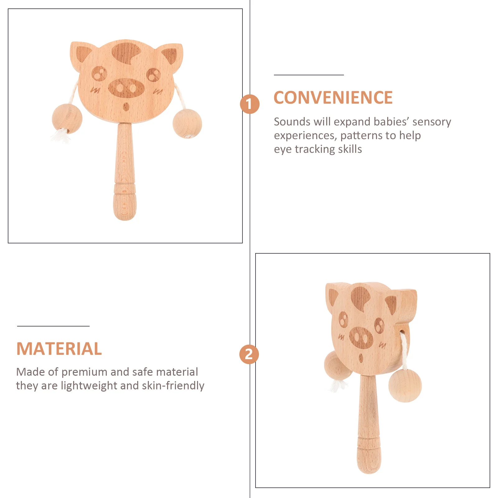 Tambour à secouer de conception animale, hochet à main pour bébé, Instrument de musique pour le développement sensoriel, jeu hochet en bois pour enfants